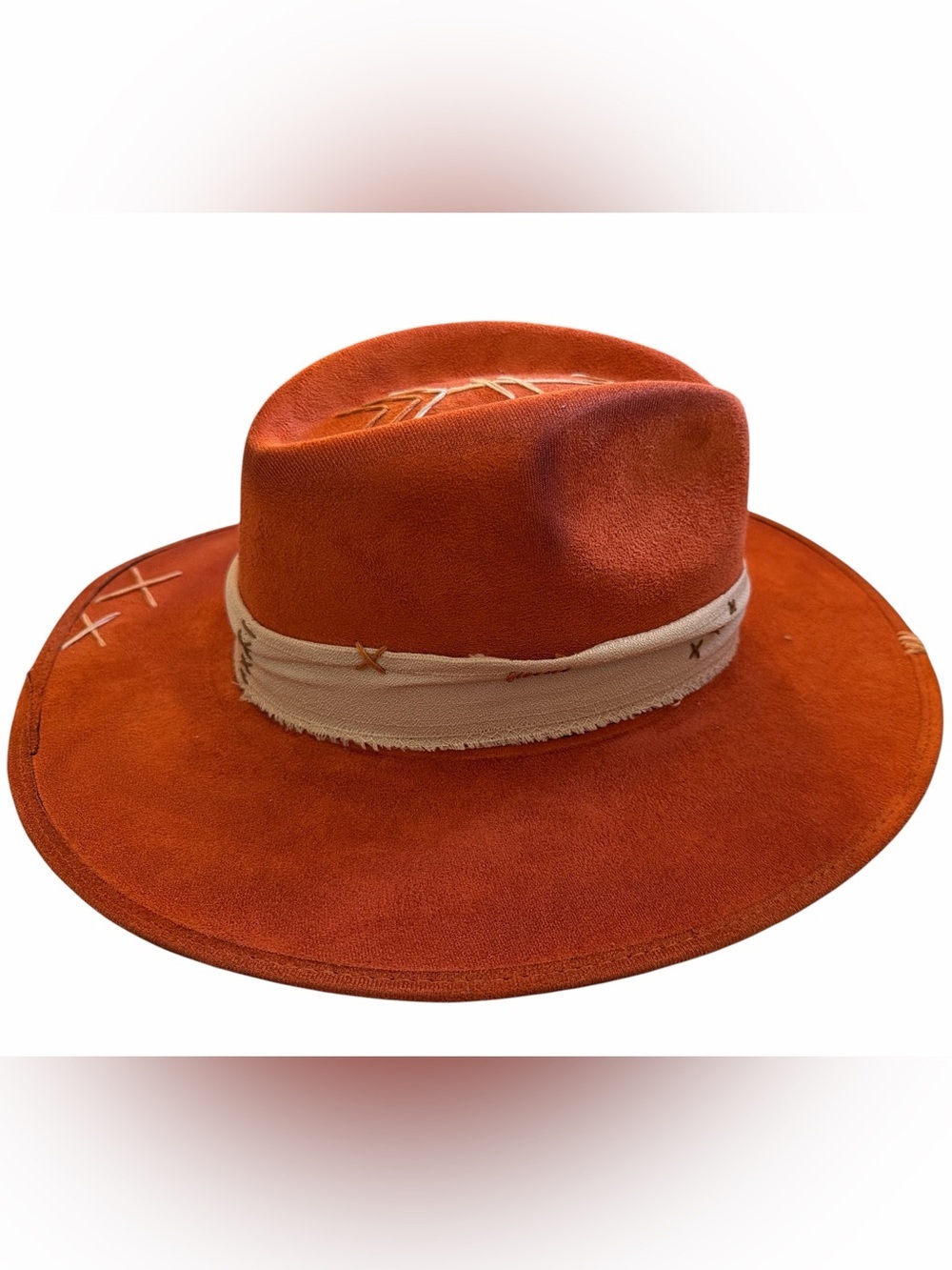 Rust Orange Wide-Brim Wool Felt Hat with Beige Band